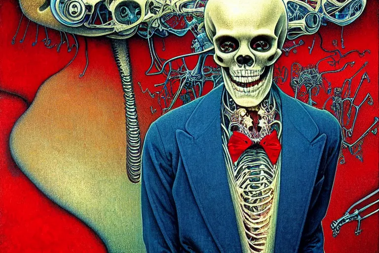 Image similar to realistic detailed closeup portrait painting of a single skeleton wearing red velvet blazer in a crowded futuristic moscow street by Jean Delville, Amano, Yves Tanguy, Alphonse Mucha, Ernst Haeckel, Edward Robert Hughes, Roger Dean, rich moody colours, blue eyes