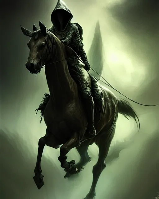 Image similar to concept art by artgerm, pestilence of the four horsemen of the apocalypse, soft green natural light, intricate, hooded death riding a horse, highly detailed dark art, digital painting, artstation, concept art, smooth, sharp focus, illustration, art by greg rutkowski and luis rollo and uang guangjian and gil elvgren, symmetry!