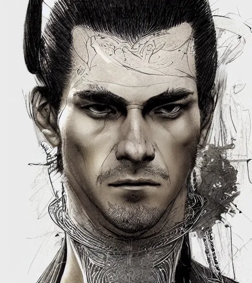 Image similar to portrait of shaven man with blond ponytail hair up wearing black robes, pen and ink, intricate line drawings, by craig mullins, ruan jia, kentaro miura, greg rutkowski, loundraw