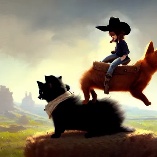 Image similar to fluffy cat in cowboy hat like a tiny girl riding on the back of a giant corgi, by greg rutkowski