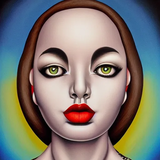 Image similar to pop surrealism, airbrush art, minimalist, an ultrafine detailed painting by rafal olbinski, a painting of a woman, skeuomorphic, very detailed, detailed painting, behance contest winner