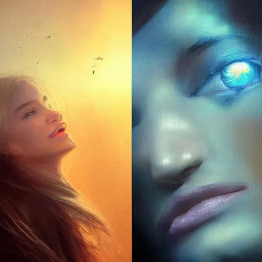 Prompt: 3 d, sci - fi, close - up, night, smiling fashion model face, sun, cinematic, clouds, sun rays, vogue cover style, poster art, blue mood, realistic painting, intricate oil painting, high detail illustration, figurative art, multiple exposure, poster art, 3 d, by tooth wu and wlop and beeple and greg rutkowski