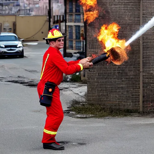 Image similar to a clown wearing firefighter clothes, using a flamethrower on a dumpster fire