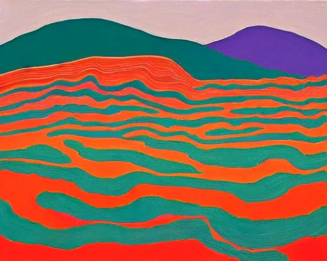 Image similar to A wild, insane, modernist landscape painting. Wild energy patterns rippling in all directions. Curves, organic, zig-zags. Saturated color. Mountains. Clouds. Rushing water. Wayne Thiebaud. David Hockney.