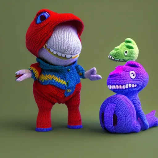 Image similar to super cute dinosaur made out of sweaters and yarn octane rendering vivid cinematic lighting 4 k