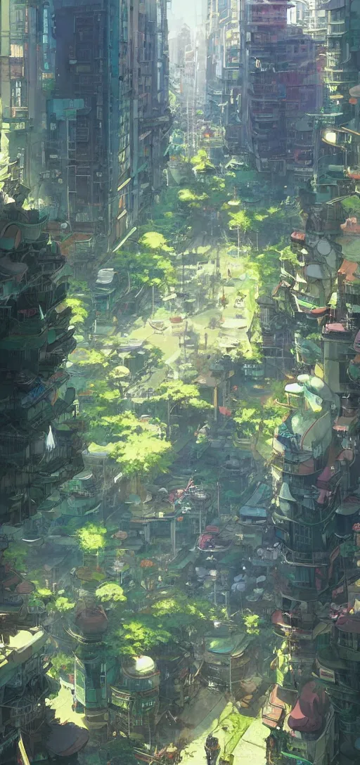 Image similar to Downtown solarpunk utopia, clean streets, green, optimistic, clean and sharp colors, by studio ghibli and greg rutkowski