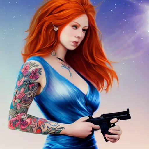 Prompt: a full body portrait of a beautiful tattooed redhead woman sitting, carrying a gun, a planet in the background. blue dress, light iridescent hair color, long windy hair style, fantasy, realistic, intricate, sharp focus, lens flare, bloom, rim light, illustration, highly detailed, digital painting, concept art, matte, art by ruan jia