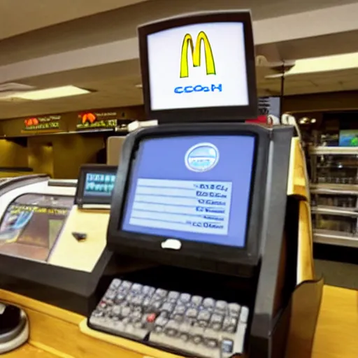 Prompt: photo of the loch ness monster working at a mcdonald ’ s cash register