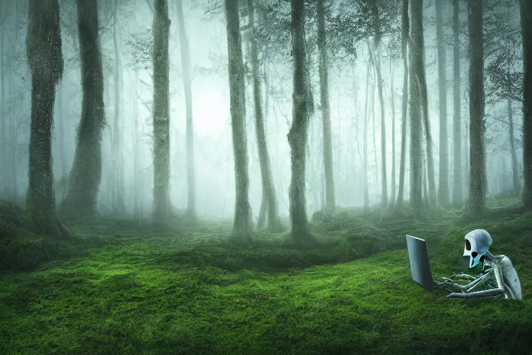 Prompt: human skeleton behind computer overgrown with moss, in foggy forest, at night, dark atmosphere, fantasy illustration, digital art