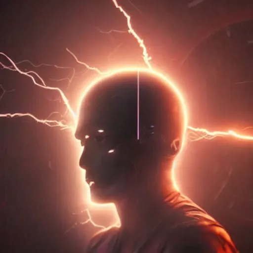 Image similar to movie scene of a man with a robot head, movie still, cinematic composition, cinematic lightning,