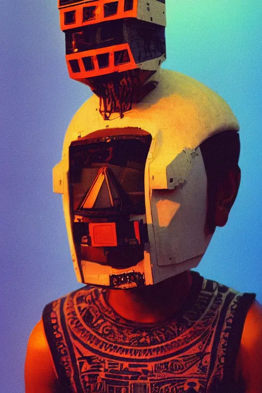 Prompt: agfa vista 4 0 0 portrait photograph of a meso american guy on a spaceship, aztec face mask, ancient yet futuristic, meso american aesthetic, aztec aesthetic, synth vibe, vaporwave colors, lens flare, moody lighting, moody vibe, telephoto, 9 0 s vibe, blurry background, grain, tranquil, calm, faded!,