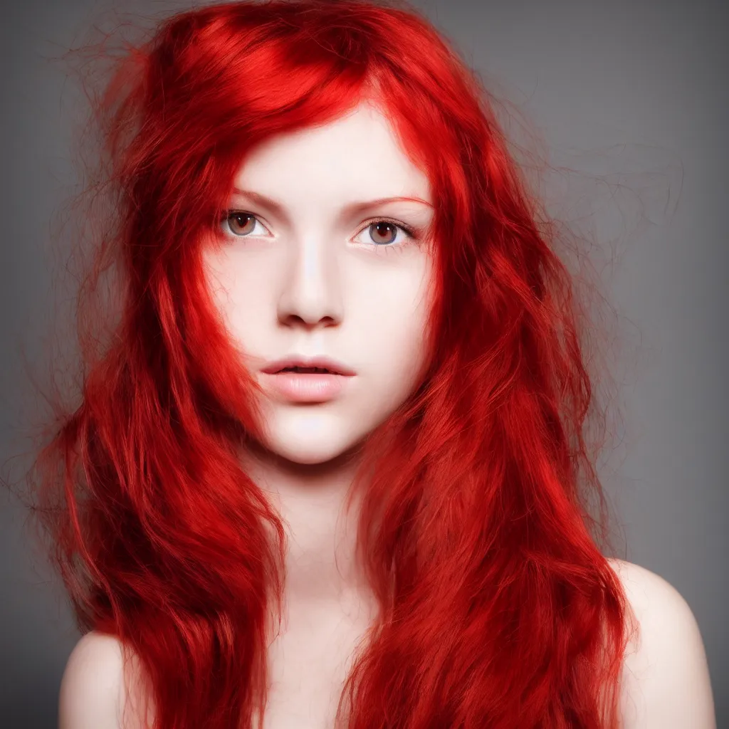 Prompt: Close-up portrait photo of a beautiful girl with red hair ,Low-key lighting, dark background, high quality