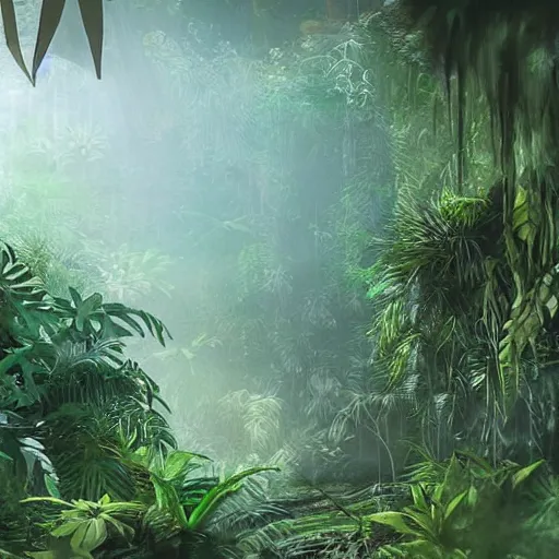Prompt: a concept art of a dense jungle filled with exotic alien plants, volumetric light, creepy atmosphere, light rays 4