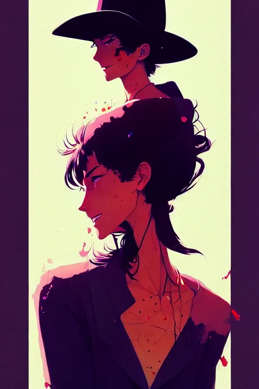 Image similar to a ultradetailed beautiful painting of a stylish woman wearing a cowboy hat and smirking by conrad roset, greg rutkowski and makoto shinkai trending on artstation