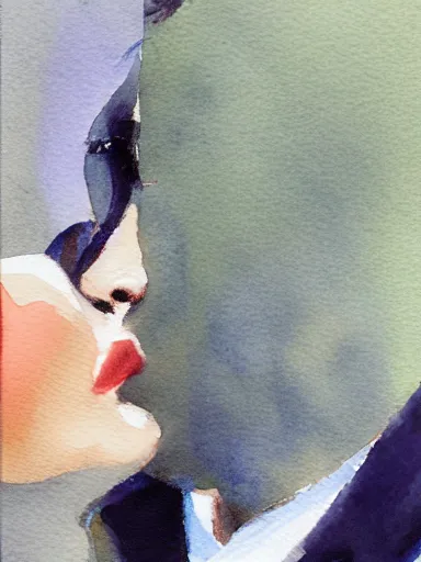 Prompt: water color painting, artwork by saul leiter, of a solo individual portrait of a guy and a girl kissing, dapper, simple illustration, nostalgic, very realistic, full of details, trending on artstation