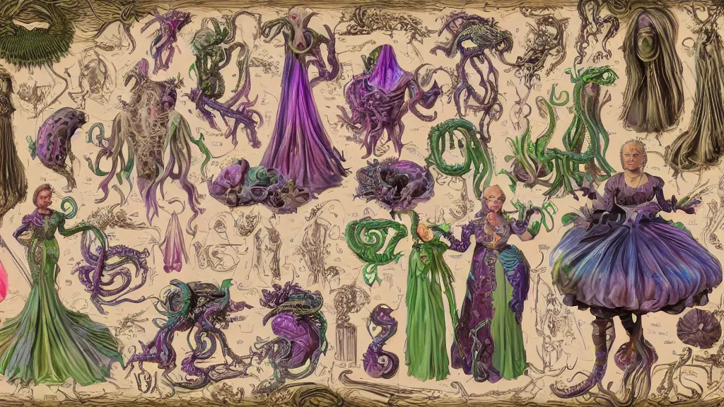 Prompt: highly detailed colorful character sheet for a stocky alien extraterrestrial victorian female servant maid with thick snake - like tentacles instead of hair, long dress with apron, ernst haeckel, jim henson creature shop, digital art, trending on artstation, hd, 8 k, good lighting, beautiful, rough paper, masterpiece