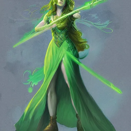 Image similar to a woman in a green dress holding a magic staff,character portrait by Magali Villeneuve,featured on polycount, fantasy art, concept art, d&d,detailed!!!!!