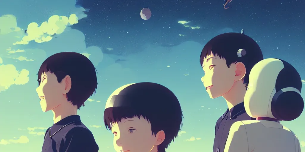 Image similar to 3 d portrait of smiling boy and girl with astronaut helmets by ilya kuvshinov, cloudy sky background lush landscape ln illustration concept art anime key visual trending pixiv by victo ngai fanbox by greg rutkowski makoto shinkai takashi takeuchi studio ghibli