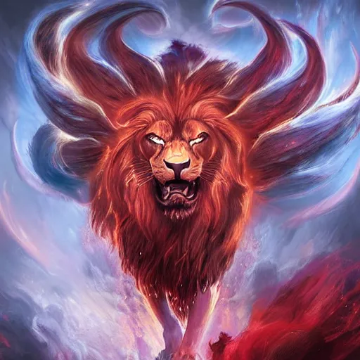 Image similar to aesthetic portrait commission of a albino muscular and attractive anthro lion as a satanic muscular overlord with mane fur turning into cosmic red fire and black smoke in the volcanic burning clouds, fantasy art, hyperdetailed. Character design by charlie bowater, ross tran, artgerm, and makoto shinkai, detailed, inked, western comic book art, 2021 award winning painting