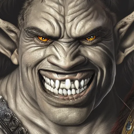 Image similar to a detailed portrait of a cute orc boy smiling, fantasy art illustration, incredibly highly detailed and realistic, 8 k, sharp focus