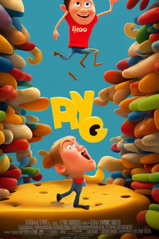 Prompt: Poster for a movie about a boy that loves to eat cheese. pixar style, 3d animation, render, zigor samaniego style