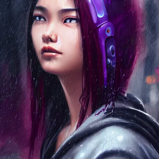Image similar to very detailed masterpiece painting of a very beautiful wet asian young cyberpunk woman with dark purple hair, cyberpunk background, raining, closeup, portrait, artstation, concept art by greg rutkowski