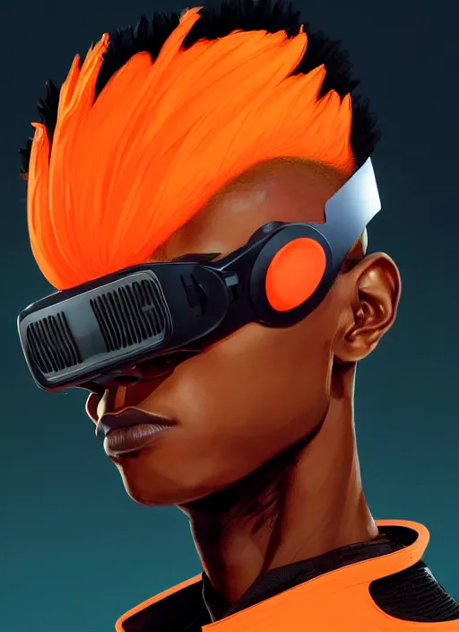 Prompt: side profile of a young black man with a mohawk wearing neon orange vr goggles, wearing futuristic techwear highly detailed, angular jawline and large adam's apple, digital painting, artstation, concept art, smooth, sharp focus, illustration, art by wlop, uang guangjian and gil elvgren and sachin teng and greg rutkowski