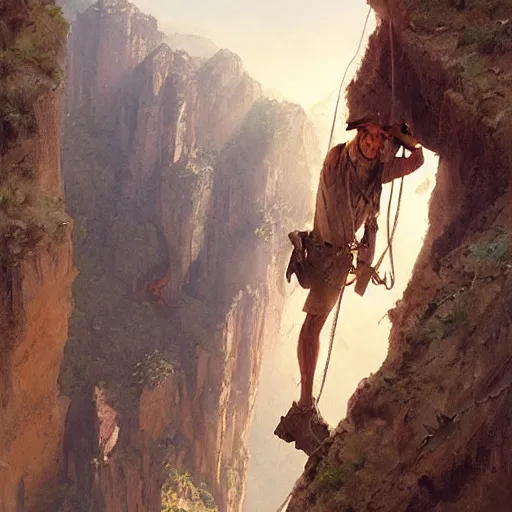 Image similar to looking down onto indiana jones hanging off a cliff by one hand by Greg Rutkowski by James Gurney