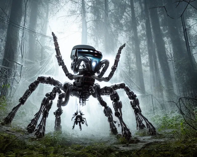 Image similar to photo of a giant huge white terminator spider with heavy duty biomechanical hydraulic cybernetic body with antennas and visor cogs and gears and components in the forest. cyberpunk horror style. highly detailed 8 k. intricate. nikon d 8 5 0 5 5 mm. award winning photography.