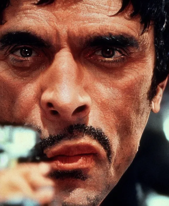 Image similar to tony montana from movie scarface 1 9 8 3. al pacino, extreme long shot, perfect symmetric face, coherent eyes, fine details, 4 k, ron cobb. cinestill