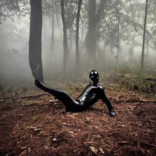 Image similar to national geographic photo, a man wearing a black shiny latex suit including pants and a shirt and mask laying on the ground and crawling through dense jungle underbrush, night photo, low fog and mist