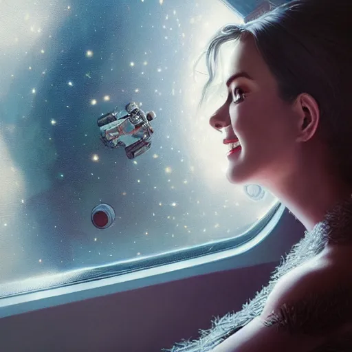 Prompt: woman sitting on a spaceship window, beautiful detailed dress, close - up portrait, highly detailed face, smiling, by artgerm, by wlop, by greg rutkowski, octane render, digital art