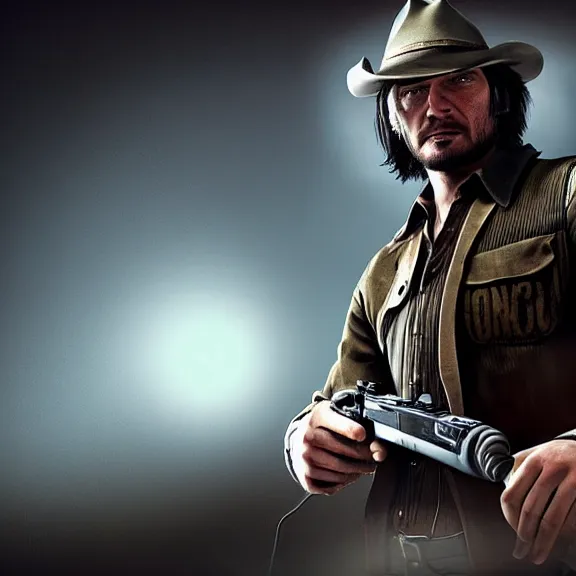 Image similar to john marston in a dimly lit bedroom, playing pc games with gaming headphones on, photograph, top lit