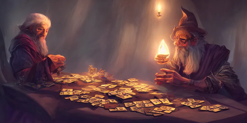 Prompt: wizard shuffling cards, cards, fantasy, digital art, soft lighting, magic, concept art, 8 k