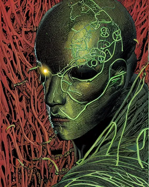 Prompt: cyborg portrait, organic overgrowth, jean giraud, andre shulze