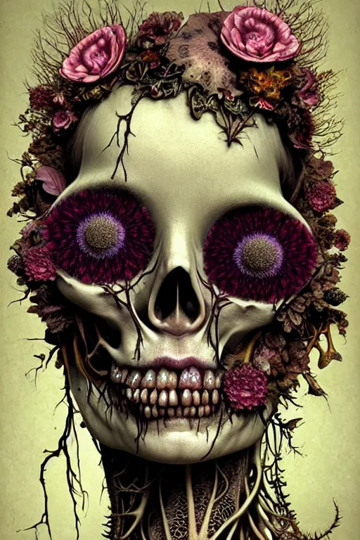 Image similar to very sad and detailed rotten woman corpse with fractal plants and fractal flowers and mushrooms growing around, face muscles, veins, arteries, bones, anatomical, skull, eye, ears, intricate, ornate, surreal, ray caesar, john constable, guy denning, dan hillier