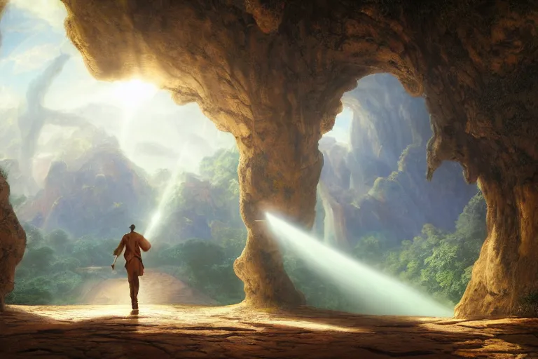Image similar to a detailed 3 d render of bruno from encanto walking throug the astral gate to eternity, 1 8 th century south america, octane render, 8 k, volumetric lighting, in the style of disney, art by albert bierstadt and thomas moran