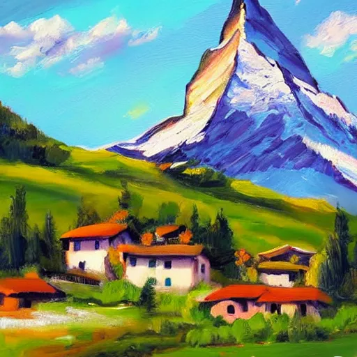 Prompt: the matterhorn in summer with quaint swiss village in foreground, oil painting in abstract style