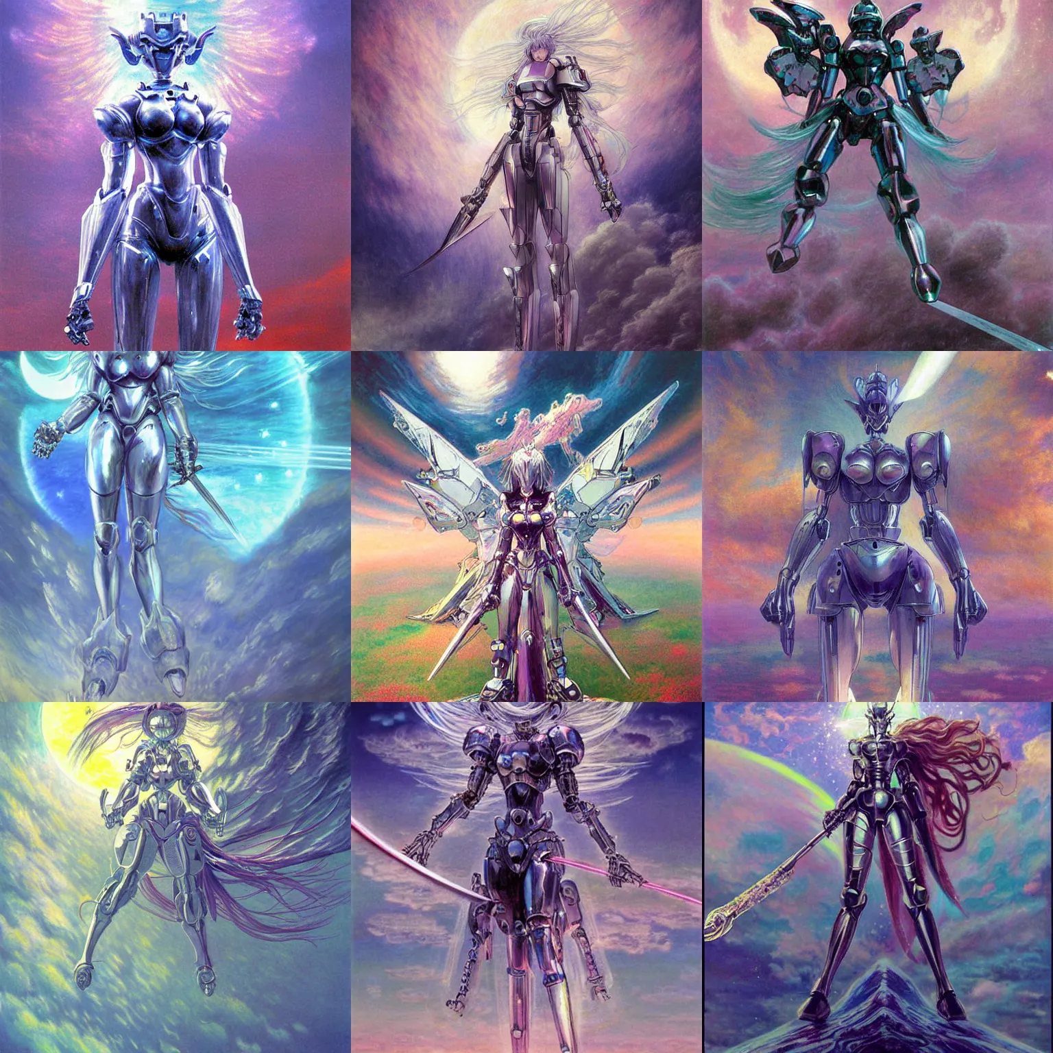 Prompt: masumune shirow shiny metallic mecha knight with sword, ethereal angelic being of light, cute retro anime girl, weeping goddess with gloomy face, crystalline translucent hair, sky with swirling clouds, shining crescent moon, spiral heavens, pale pastel colours, zdislaw beksinski, beautiful painting by claude monet