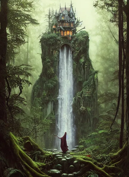 Image similar to a hyper realistic architectural witch shrine under a waterfall in the woods, gorgeous lighting, lush forest foliage, painting by chiara bautista and tom bagshaw, muca beksinski and norman rockwell and greg rutkowski weta studio, and lucasfilm