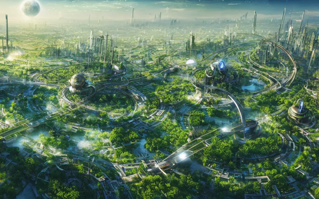 Prompt: a breathtaking view of a solarpunk city, green meadows and rivers, futuristic architecture, hyperrealism, octopath traveler, octane render, misty, highly rendered, global illumination, radiant light, by vincent callebaut and chris hytha