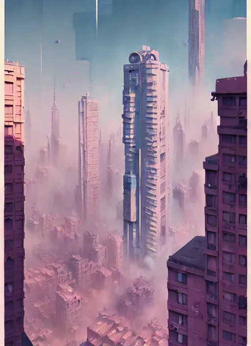 Prompt: highly detailed matte painting, of a 3 d calligraphy graffiti tag city highrise buildings, by atey ghailan, by greg rutkowski, by greg tocchini, by james gilleard, by joe fenton, by kaethe butcher, pink, brown, light blue and white mystical color scheme, grunge aesthetic, octane render