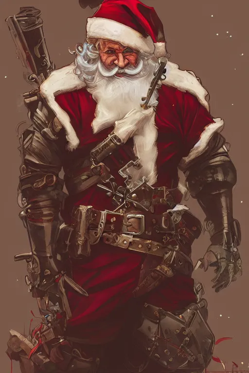 Image similar to evil santa claus steampunk half - cyborg cowboy, pelt coats, high fantasy, dnd, smooth, sharp focus, illustration, highly detailed, digital painting, artstation, concept art, by rossdraws, alphonse mucha, frank fanzzeta, collectible card art