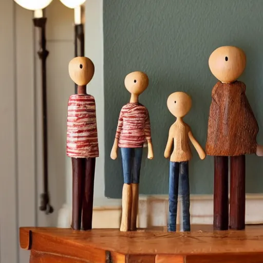 Image similar to a real estate home interior photo. a wooden mannequin family,