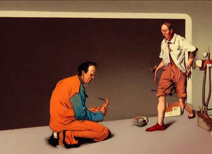 Image similar to a still from the movie one flew over the cuckoo's nest by francis bacon and norman rockwell and james jean, and mark brooks, triadic color scheme, by greg rutkowski, syd mead and edward hopper and norman rockwell and beksinski, dark surrealism, orange and turquoise