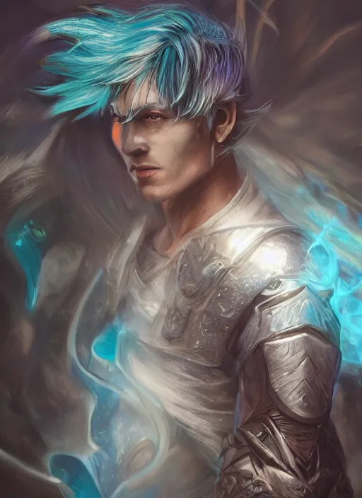 Image similar to An epic fantastic realism comic book style portrait painting of an aasimar hexblade warlock, teal energy, male, grand angel wings, silver hair, short beard, embers falling D&D Concept Art, unreal 5, DAZ, hyperrealistic, octane render, cosplay, RPG portrait, dynamic lighting