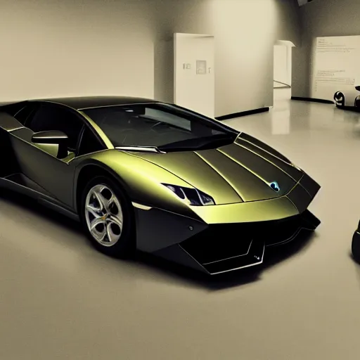 Prompt: photography of lamborghini car in the museum of luxury, photorealism, vhs filter,