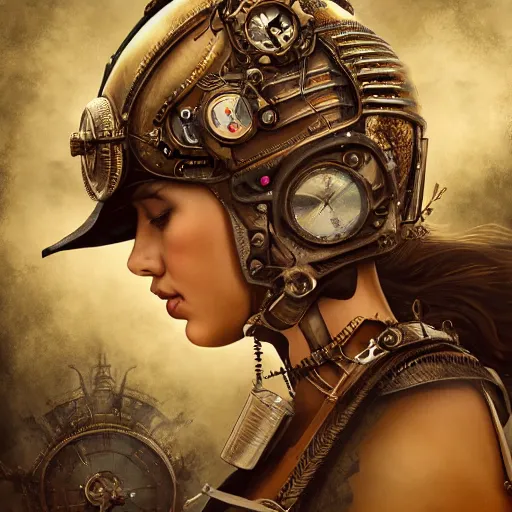 Image similar to dan mumford tom bagshaw, dream world curiosities carnival flying, photorealistic octane render poster of a single very beautiful helmet full long steampunk metallic armored ornate thicc female, accurate features, focus, very intricate ultrafine details, award winning masterpiece, steampunk world spikes