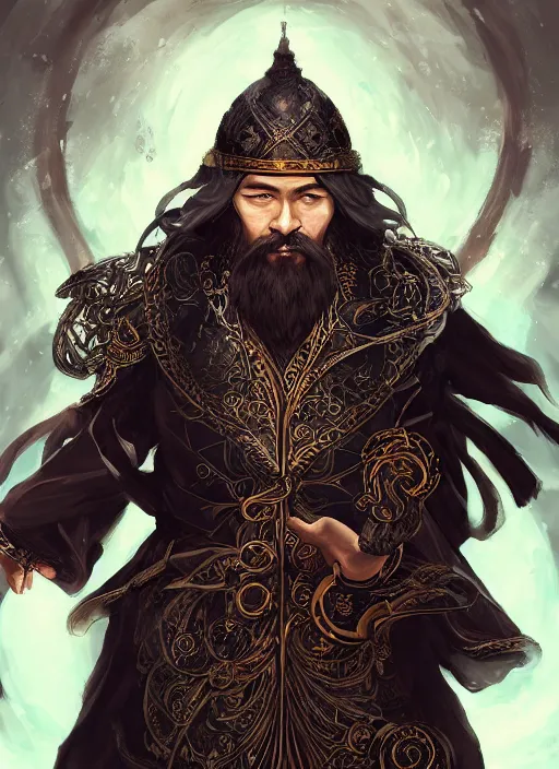 Image similar to a highly detailed illustration of Hiroyuki Sanada as wizard wearing ornate black robe and mage hat, dramatic magic floating pose, intricate, elegant, highly detailed, centered, digital painting, artstation, concept art, smooth, sharp focus, league of legends concept art, WLOP