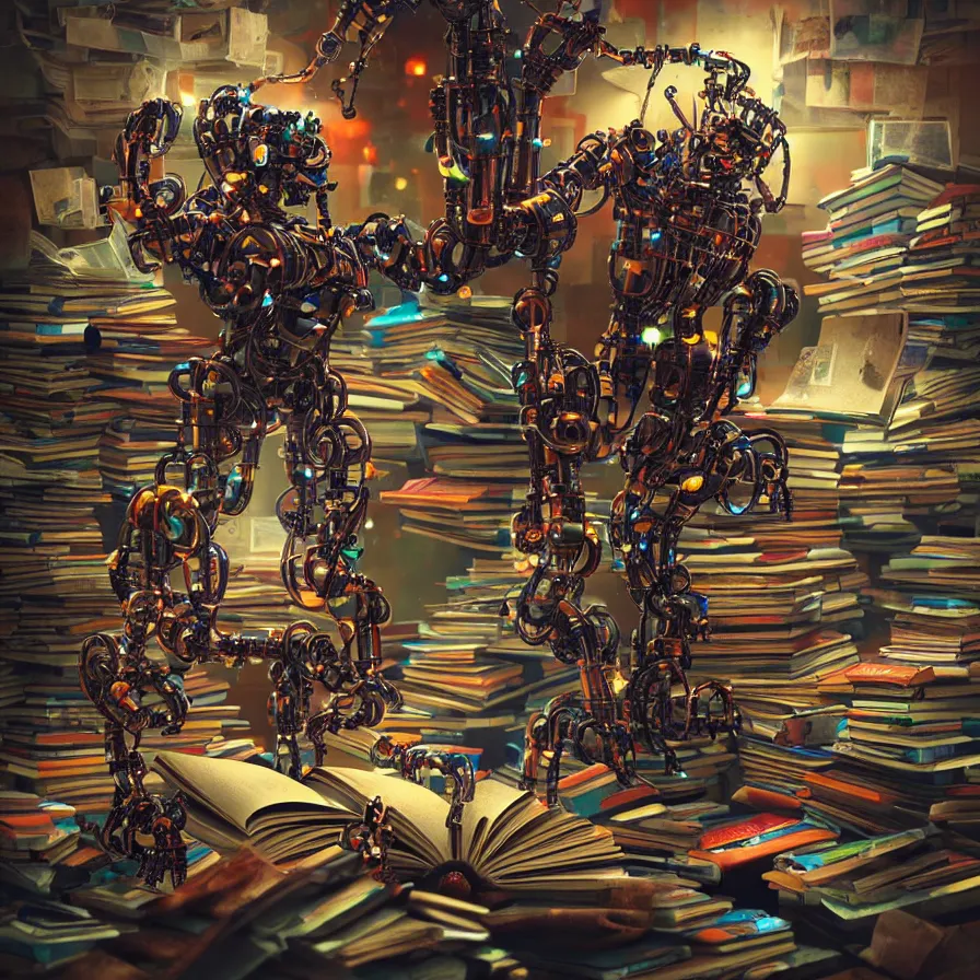 Image similar to A frightening multi armed evil robot devouring books with pipes and tubes and pages floating down, hyperealistic very colourful hdr cinematic lighting cgi render photorealistic cinematic octane render